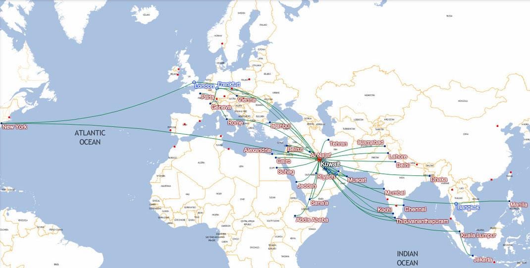 mapu kuwait airways destinácií